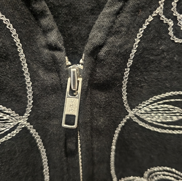 Denim & Co. Black Floral Embroidered Zip Jacket Size Large Metallic Thread - Picture 2 of 8